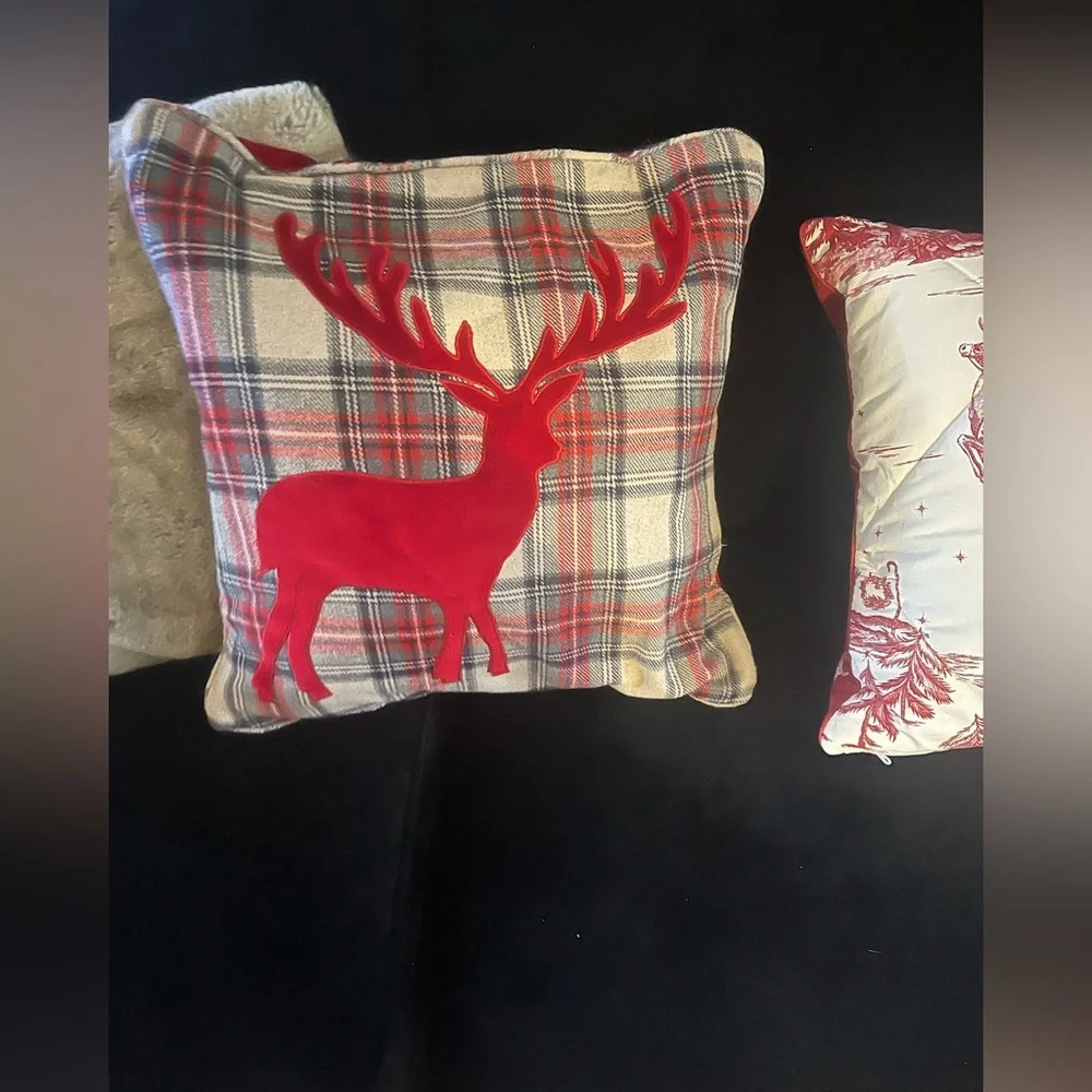 Wool plaid accent holiday red velvet reindeer reversible 20” throw pillow cover